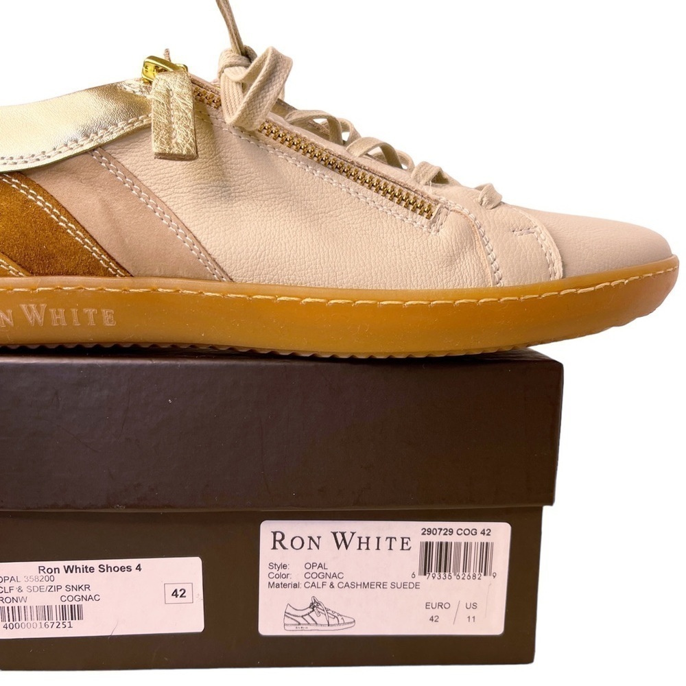 RON WHITE NEW in BOX Opal Sneaker in Calf and Cashmere Suede Cognac Size US 11 - Picture 2 of 15